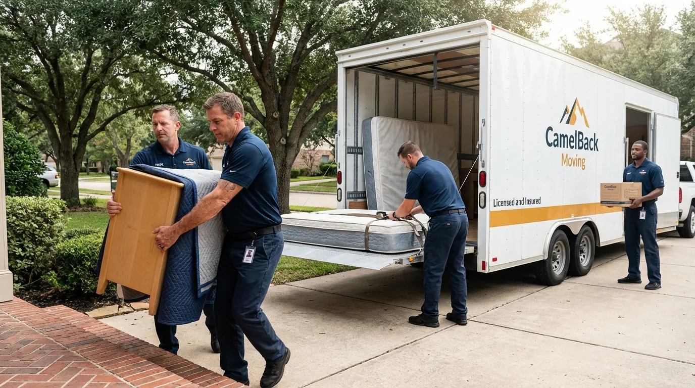 Crew loading residential truck for cross-state move from Flora, IN