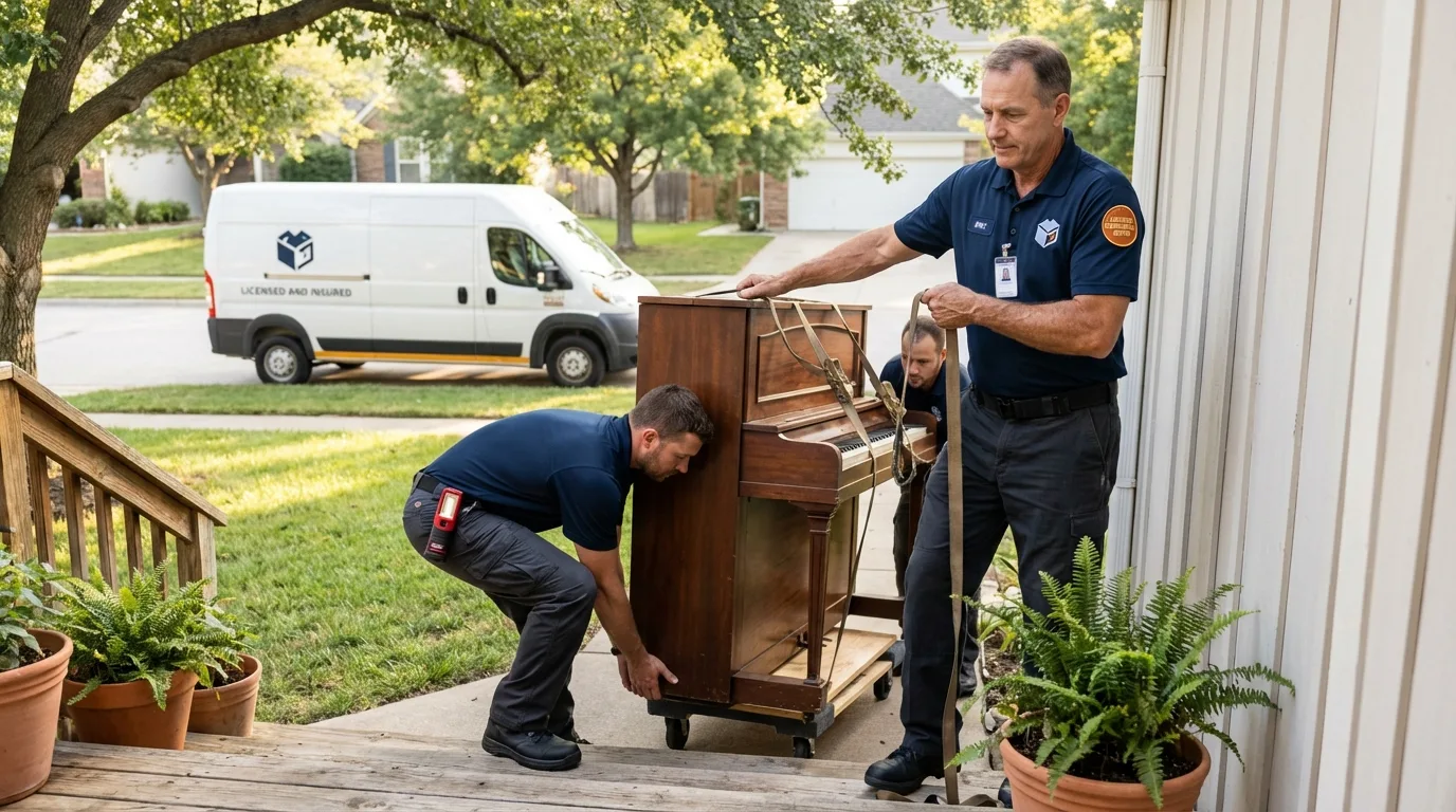 Licensed piano movers securing grand piano in Flora, IN