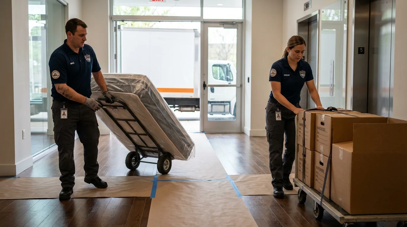 Professional apartment movers loading elevator in Flora, IN